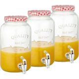 Set van 3x stuks glazen drankdispensers/limonadetap met rood/wit geblokte dop 3,5 liter - Tapkraantje