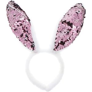 Verkleed diadeem paashaas/bunny oren - pailletten - roze/wit - one size