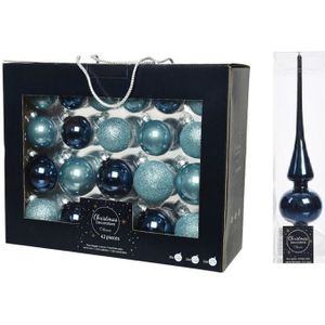 42x stuks glazen kerstballen ijsblauw (blue dawn)/donkerblauw 5-6-7 cm inclusief donkerblauwe piek - Kerstversiering