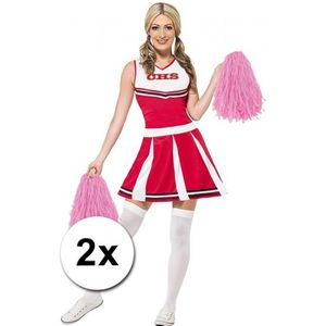 2x Stuks cheerball/pompom roze met ringgreep 28 cm - Cheerleader verkleed accessoires