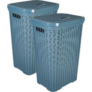 Hega Hogar Wasmand met deksel Rotan - 2x - denim blauw - gevlochten kunststof - 60 liter - 34 x 43 x 62 cm