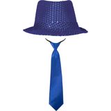 Carnaval verkleed set - hoedje en stropdas - blauw - dames/heren
