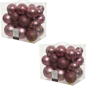 52x Oud roze kunststof kerstballen 6-8-10 cm - Mix - Onbreekbare plastic kerstballen - Kerstboomversiering oud roze