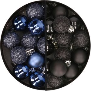 Kerstballen 34x st - 3 cm - donkerblauw en zwart - kunststof