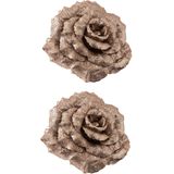 2x stuks decoratie bloemen roos champagne glitter op clip 18 cm - Decoratiebloemen/kerstboomversiering/kerstversiering