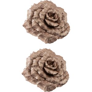2x stuks decoratie bloemen roos champagne glitter op clip 18 cm - Decoratiebloemen/kerstboomversiering/kerstversiering