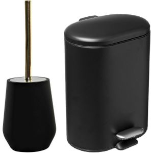 5Five Badkamer/toilet accessoires set - WC-borstel/pedaalemmer 6L- zwart - metaal/polystone