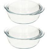 2x Ronde glazen ovenschalen met deksel 3 liter 22 x 13 x 5 cm - Ovenschaal/braadslede - Ovenschotel schalen - Bakvorm