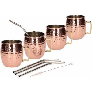 Moscow Mule cocktail set 4x cocktailbekers/cocktailglazen 450 ml gehamerd koper - Inclusief 4x RVS herbruikbare rietjes