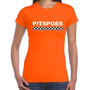 Pitspoes coureur supporter / finish vlag t-shirt oranje voor dames -  race autosport / motorsport thema / race supporter met finish vlag