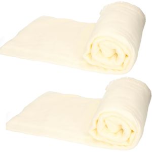 2x Fleece deken/plaid met franjes gebroken wit 130 x 170 cm - Woonkleed - Fleecedekens