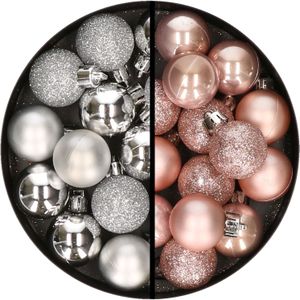 Kerstballen 34x st - 3 cm - zilver en lichtroze - kunststof