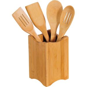 Bamboe houten keukengerei set spatels en lepels in houder - Kookbenodigdheden - Kookgerei - Spatels en pollepels