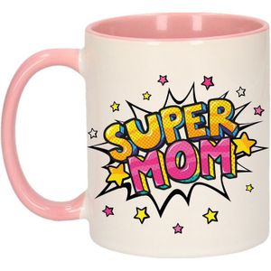 Super mom cadeau koffiemok / theebeker wit en roze met sterren - 300 ml - keramiek - Moederdag - cadeau / bedankje mom