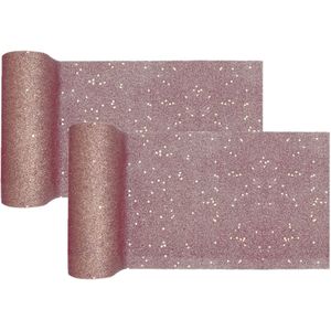 Santex Glitter Tafelloper smal op rol - 2x - rose goud - 18 x 500 cm - polyester