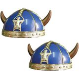 2x stuks gallier/vikingen verkleed helm blauw met hoorns - Carnaval verkleed hoeden