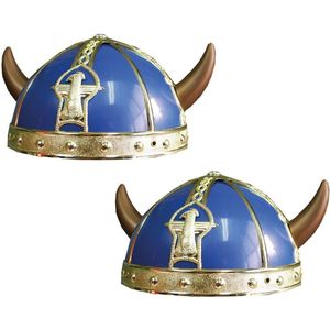 2x stuks gallier/vikingen verkleed helm blauw met hoorns - Carnaval verkleed hoeden