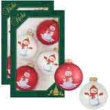 8x stuks luxe glazen kerstballen 7 cm wit en rood met sneeuwpop - Kerstversiering/kerstboomversiering