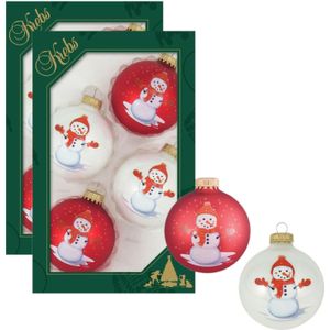 8x stuks luxe glazen kerstballen 7 cm wit en rood met sneeuwpop - Kerstversiering/kerstboomversiering