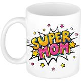 Super mom - mok/beker - 300 ml - wit - incl. sierkussentje hart vorm - 12 cm