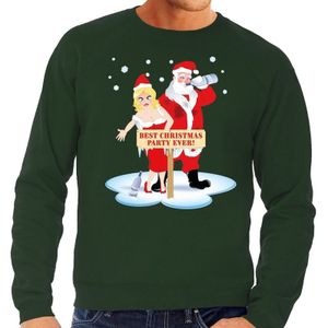 Foute kersttrui / sweater dronken kerstman en kerstvrouw na kerstborrel/ feest groen voor heren - Kersttruien