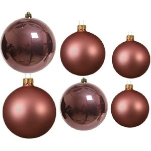 Compleet glazen kerstballen pakket oudroze glans/mat 16x stuks - 6x 6 cm - 6x 8 cm - 4x 10 cm