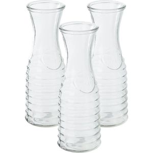 3x stuks karaffen/schenkkannen 1 liter van ribbel glas met uitlopende hals - Waterkannen - Sapkannen