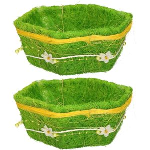 2x stuks decoratie gras mandje groen zeshoek 18 cm - Paasdecoratie - Paasmandje - Pasen - Paaseieren mandje