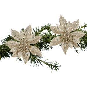 Kerstboom bloemen op clip - 2x stuks - champagne - kunststof - 15 cm