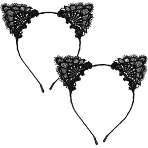 Chaks Verkleed diadeem - 2x - katten oren - met kant - zwart - kat/poes verkleed accessoires