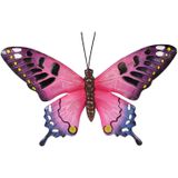 Set van 2x stuks tuindecoratie muur/wand/schutting vlinders van metaal in roze en groen tinten 37 x 27 cm