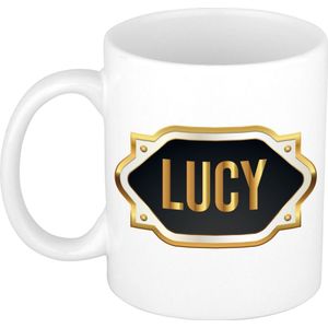 Lucy naam cadeau mok / beker met gouden embleem - kado verjaardag/ moeder/ pensioen/ geslaagd/ bedankt