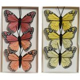 Decoratie vlinders op draad - 6x stuks - rood - geel - 6 cm