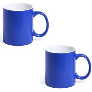 2x Drinkbeker/mok blauw/wit 350 ml - Keramiek - Blauwe mokken/bekers voor onbijt en lunch