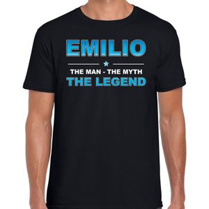 Naam cadeau Emilio - The man, The myth the legend t-shirt  zwart voor heren - Cadeau shirt voor o.a verjaardag/ vaderdag/ pensioen/ geslaagd/ bedankt