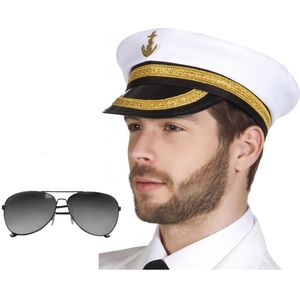 Carnaval verkleed Kapiteinpet - met spiegel zonnebril - wit - heren/dames - hoofdmaat 60 cm - verkleedkleding accessoires set