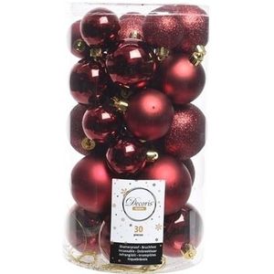 30x Donkerrode kunststof kerstballen 4 - 5 - 6 cm - Mat/glans/glitter - Onbreekbare plastic kerstballen - Kerstboomversiering zwart