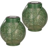 Set van 4x stuks solar lantaarn ijzer groen met cirkel patroon en hengsel 16 cm - Solarverlichting - Tuinverlichting