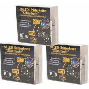 3x Draadverlichting zilver met warm witte LED lampjes 6 meter op batterijen met timer - Kerstverlichting lichtsnoeren