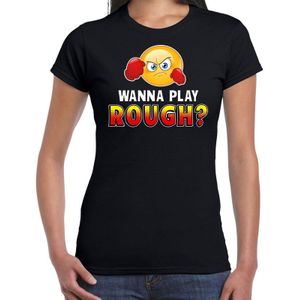 Funny emoticon t-shirt Wanna play rough zwart voor dames - Fun / cadeau shirt