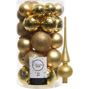 Decoris kerstballen 30x stuks - goud 4/5/6 cm kunststof mat/glans/glitter mix en mat glas piek 26 cm