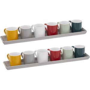 Espresso/koffie kopjes set - 12x - met dienbladen - aardewerk kopjes - 90ml - diverse kleuren