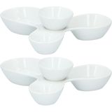 Set van 2x stuks snack/borrelschalen porselein bloem 4-vaks met sausbakje 24 cm - Keukenbenodigdheden - Snacks/hapjes serveren