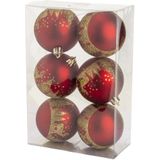 Cosy @ Home gedecoreerde kerstballen -6x - 8 cm -kunststof - rood