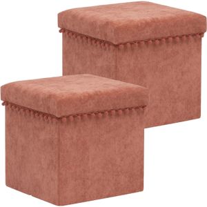 Atmosphera Poef/krukje/hocker Arabic - 2x - Opvouwbare zit opslag box - fluweel Steenrood - D38 x H38 cm - MDF/polyester