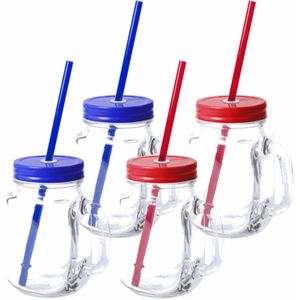 10x stuks Glazen Mason Jar drinkbekers met dop en rietje 500 ml - 5x blauw/5x rood - afsluitbaar/niet lekken/fruit shakes