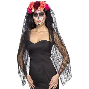 Luxe horror haarband/diadeem day of the dead met bloemen en sluier - Halloween verkleed accessoires