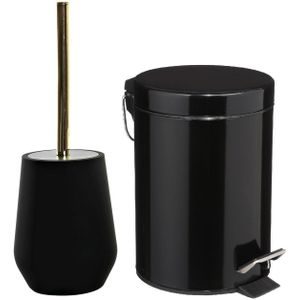 5Five Badkamer/toilet accessoires set - WC-borstel/pedaalemmer 3L- zwart - metaal/polystone
