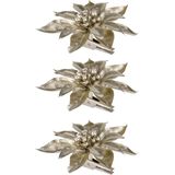 4x stuks decoratie bloemen kerststerren champagne glitter op clip 9 cm - Decoratiebloemen/kerstboomversiering