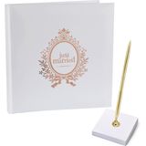 Gastenboek/receptieboek met luxe pen in houder - Bruiloft - rose goud/wit - 24 x 24 cm